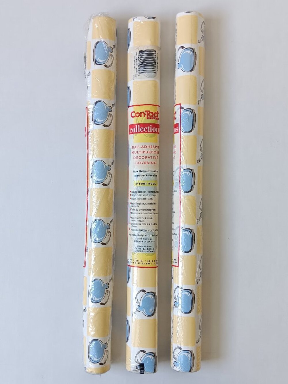 Lot of 3 Vintage Con-Tact Yellow w/ Blue Kettles Self-Adhesive Covering 9 Ft ea.